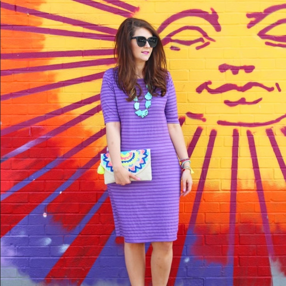 LuLaRoe Julia dress in XS, purple stripes 🚺🤍💜💟